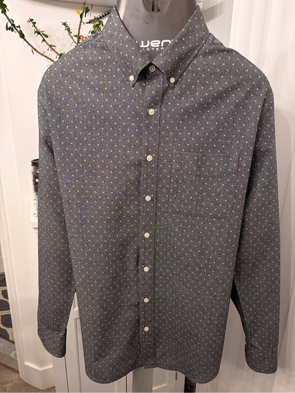 American Eagle Outfitters Dark Gray Button-Up Shirt with Subtle Dot Print
